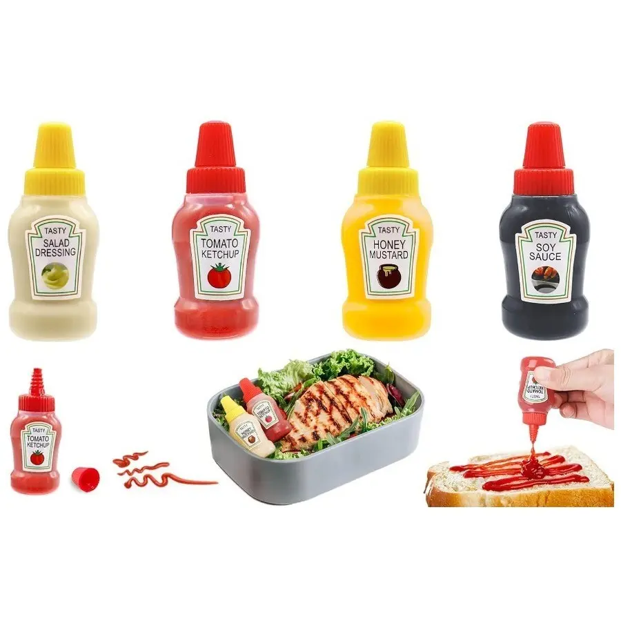 4 Pack Mini Ketchup Bottles, 25ML Condiment Seasoning Squeeze Bottles, Portable Plastic Containers, Kitchenware, Ideal for Adults, Office, Lunch Boxes, Picnics, Kitchen