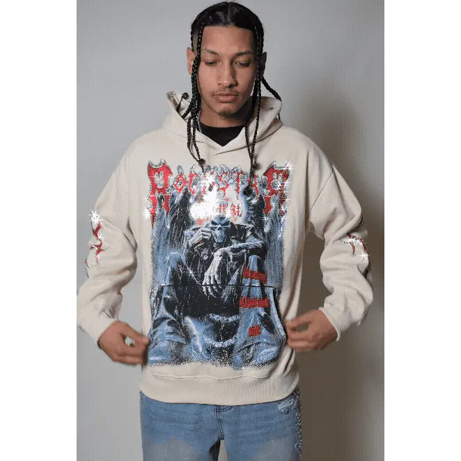 Krowne Beige Rhinestone Oversized Hoodie