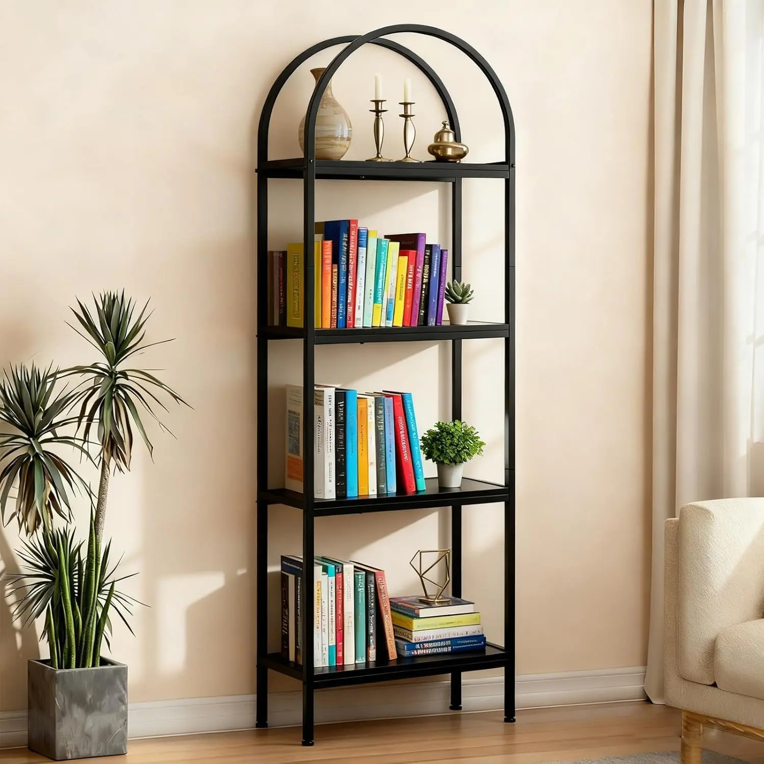 Garvee Aptition 5 Tier Storage Organizer, Arched Industrial Bookshelf with Metal Frame, Freestanding Wood Display Shelf for Living Room, Bedroom & Home Office