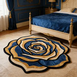 Luxury Vintage Blue Rose Living Room Carpet, High-End Artistic Irregular Bedroom Rug, Plush Comfort Mat for Coffee Table, Sofa, Dressing Room, Floral Area Rug