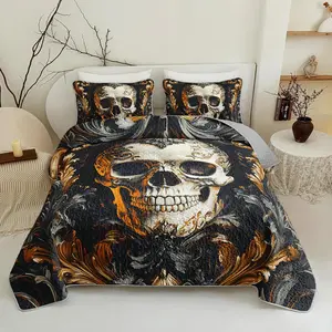 Black & Gold Skull Bed Queen Size,Queen Size Bedding Set Gothic,1 Bedspread with 2 Pillow for Kids Adults Bedroom 96X90 Inches