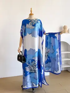Women's Elegant Floral Print Robe Set, Long Dress + Headscarf Scarf Hairband, Beach Sun Protection Satin Silk Shawl, All Seasons, Elegance