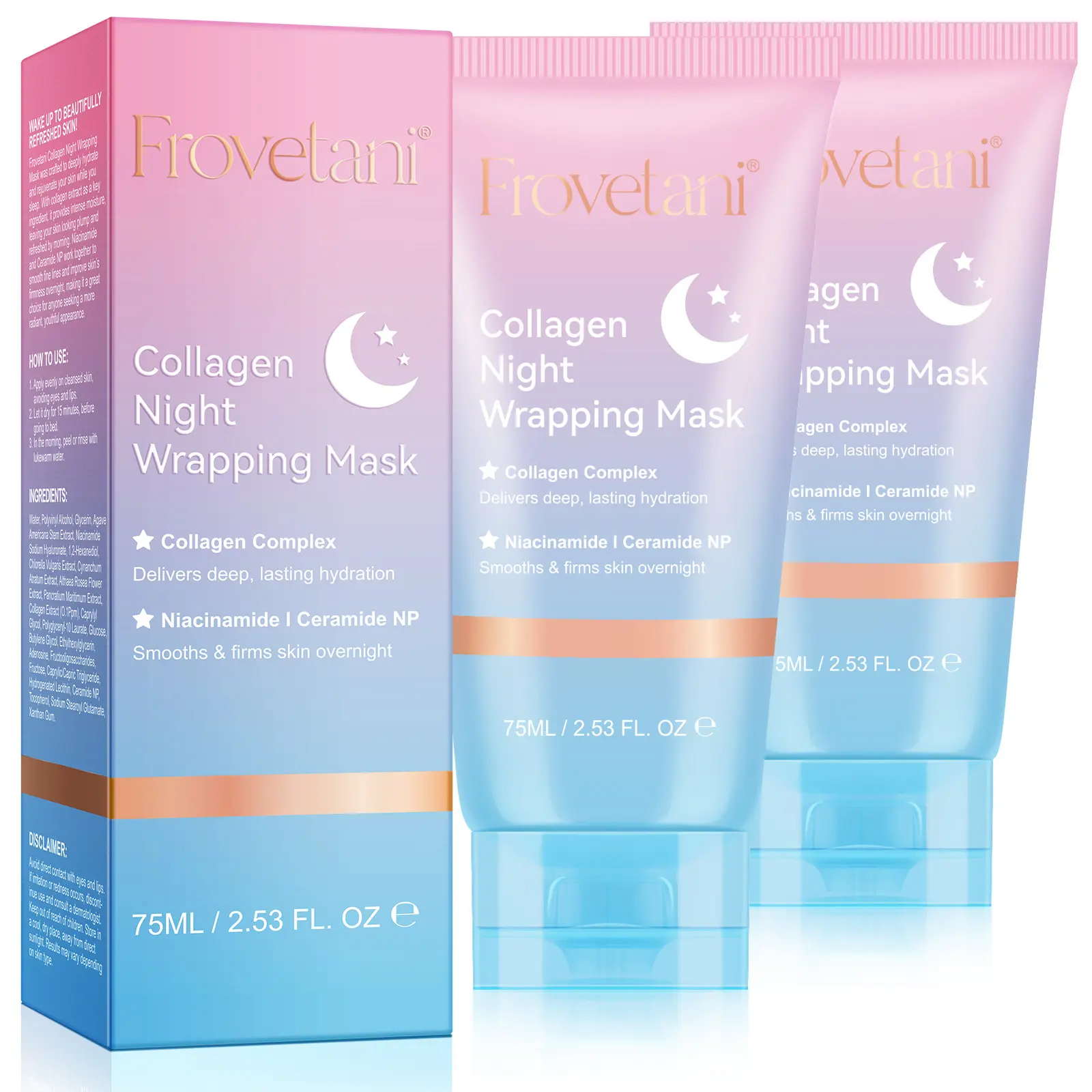 Frovetani Collagen Sleeping Mask 75ml/2.53fl.oz with Niacinamide, Ceramide, Hyaluronic Acid Collagen Overnight Moisturizing Mask The collagen complex provides deep, long-lasting hydration for smooth, firm skin.