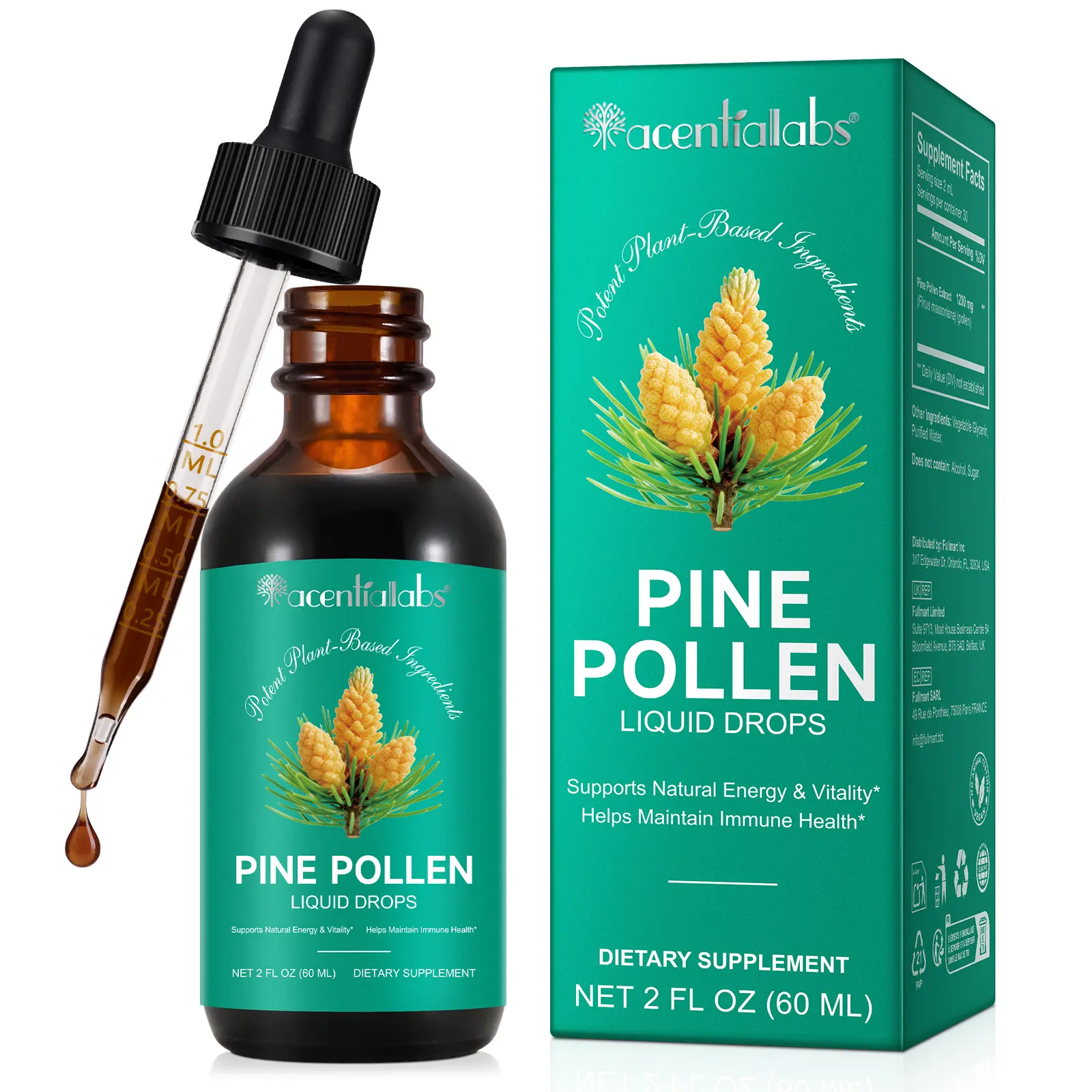 Natural Pine Pollen Liquid Drops - 2.0 fl oz/60ML Single Bottle, 1200MG Plant-Based Adult Edible Dietary Supplement for Adults, Vegan, Non-GMO, Sugar & Alcohol-Free Herbal Support, Boosts Immunity, Enhances Energy, Smooth in Drinks