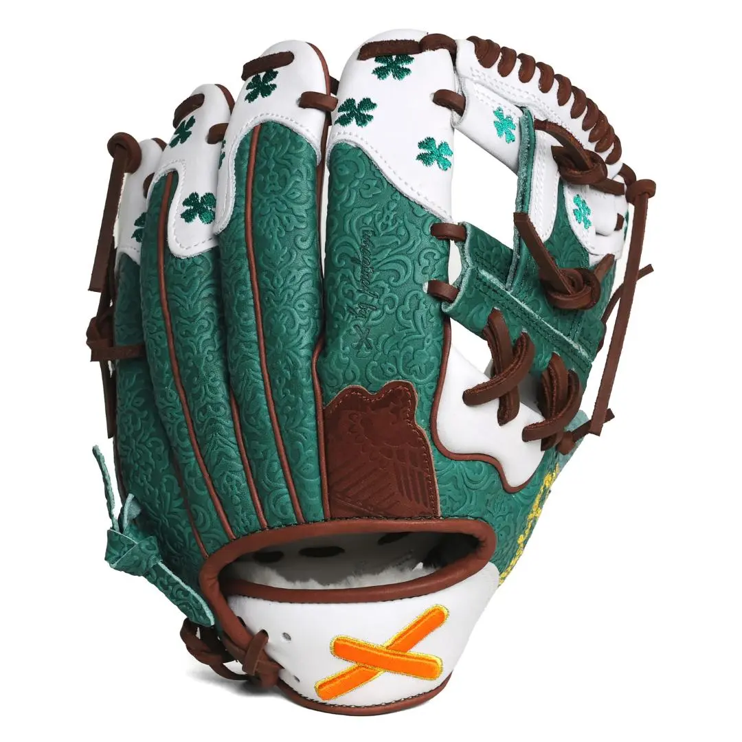 Shamrock Shake Ice Cream Glove, Handmade Art Kip Leather Fashion Accessory, Suitable for Baseball, Softball Use, 30-Day Return Policy, Embossed Harp, Fine Point Embroidery, Wool Wrist Grip, Erin Go Bragh