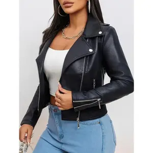 2024 women's fashion faux leather jacket, slim fit PU leather bicycle jacket, solid color, long sleeves, front zipper, spring and autumn season, with pockets, commuting style fabric, women's clothing can be paired with raincoat