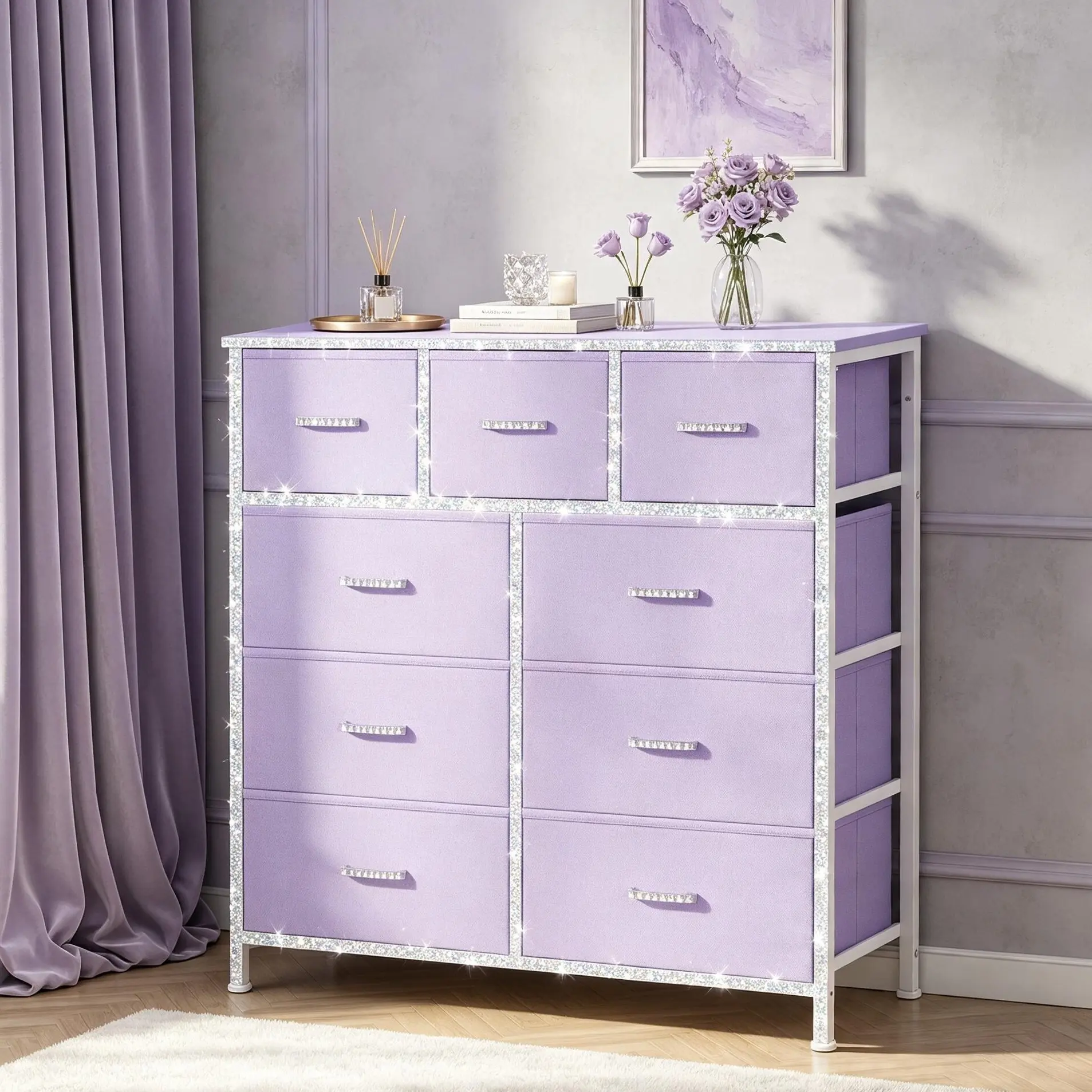 【Purple!!】Mr IRONSTONE Dresser with 9 Drawers, Pink Dresser for Bedroom Drawer Organizer Storage Drawers, Fabric Storage Tower with 9 Drawers, Chest of Drawers with Steel Frame, Wood Top for Nursery, Living Room, Closet, Deals for You Days