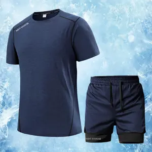Men's Navy 2-Piece Quick-Dry Workout Set, Ice Silk Breathable Crew Neck T-Shirt with Contrast Stitching & Double-Layer Compression Shorts, Lightweight Moisture-Wicking, Perfect for Gym, Running, Training & All-Day Comfort