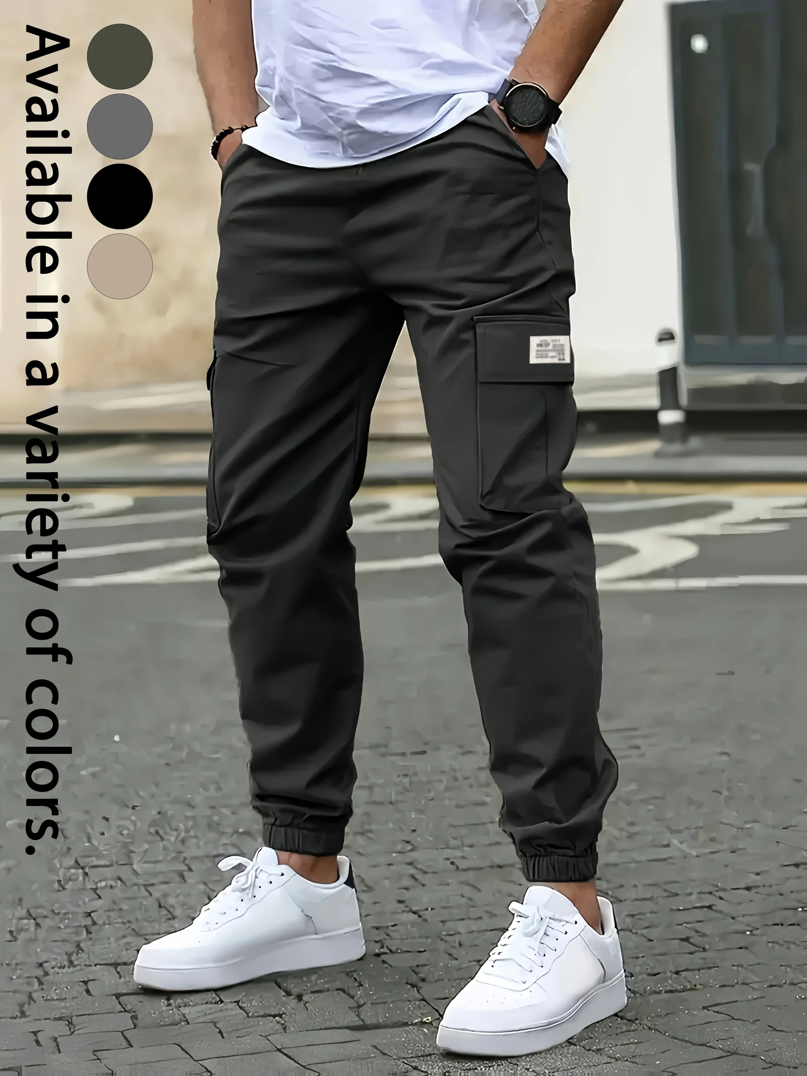 Men’s multi-pocket cargo jogger pants for outdoor casual wear, featuring elastic cuffs with logo labels; trendy functional cargo joggers in American street style; lightweight, abrasion-resistant, versatile long pants for commuting and sports; functional d