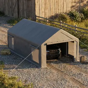 Garvee 13x25 ft Portable Garage, Car Port with 220 g PE Tarp Cover, with Front & Rear Roll-Up Doors and 4 Windows, for Temporary Paint Booth, Boats&Pickups Shed, and Event Shelter, Gray