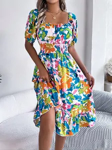 Women's All Over Print Floral A Line Dress, Casual Boho Bohemian Ruffled Short Sleeve Dress for Beach Holiday Vacation, Ladies Summer Clothes
