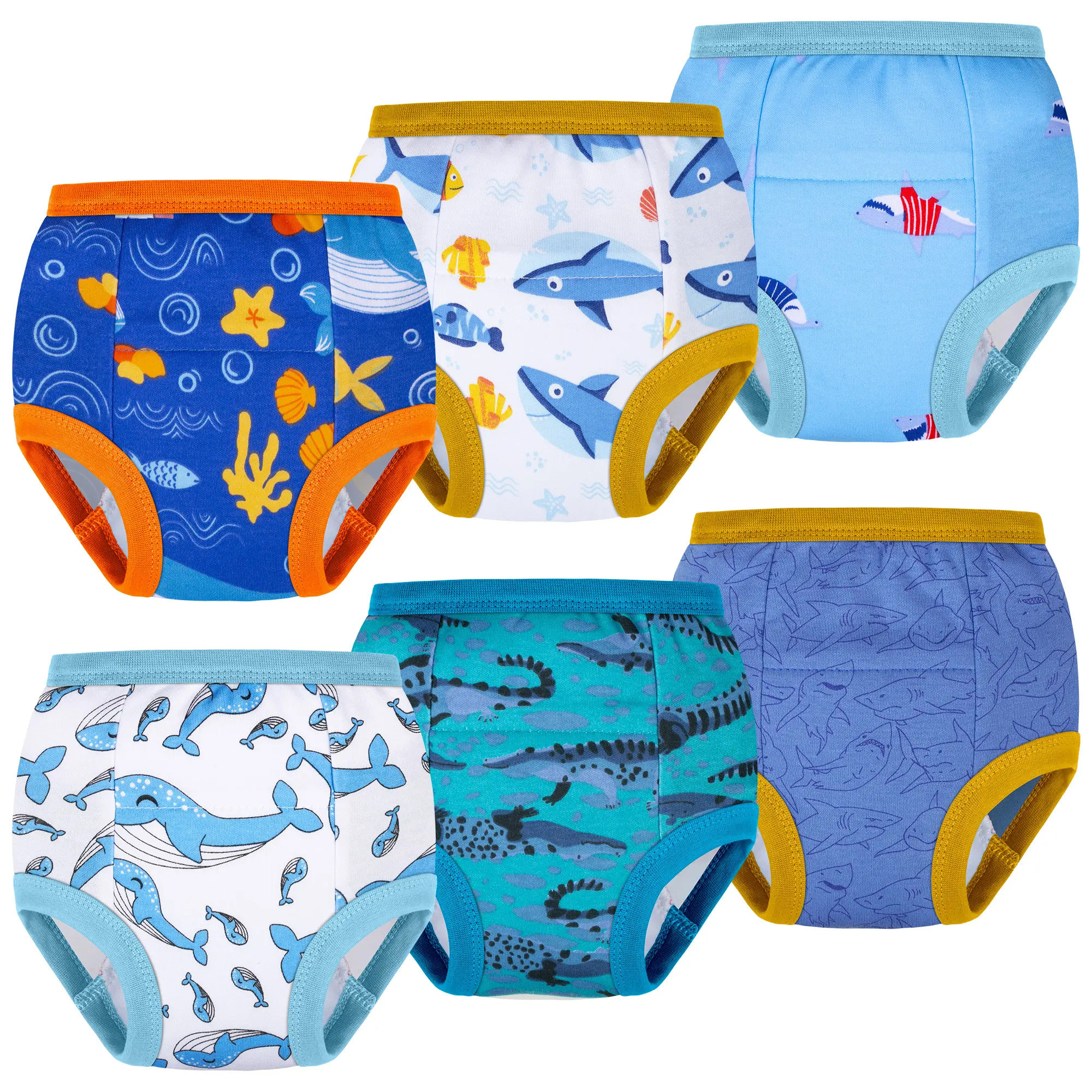 BIG ELEPHANT 6-Pack Toddler Potty Training Underwear, 100% Cotton Reusable Training Pants for Boys, Dinosaur Shark Dolphin Truck  Prints, Daytime Use
