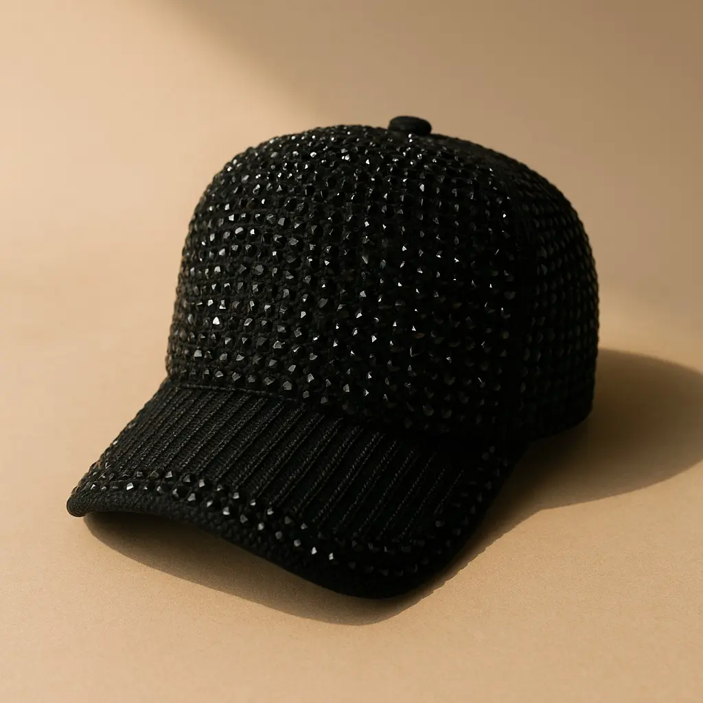 Scarlet Rhinestone Hat in Black with Decorative Design and Stacked Rhinestone Accents