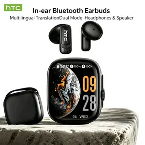 HTC NE72 Bluetooth 6.0 wireless earbuds — in-ear headphones with digital display, multilingual translation, companion app, earbud case supporting external audio playback, zero-pressure comfort for side sleepers, gaming mode, waterproof sports earbuds with