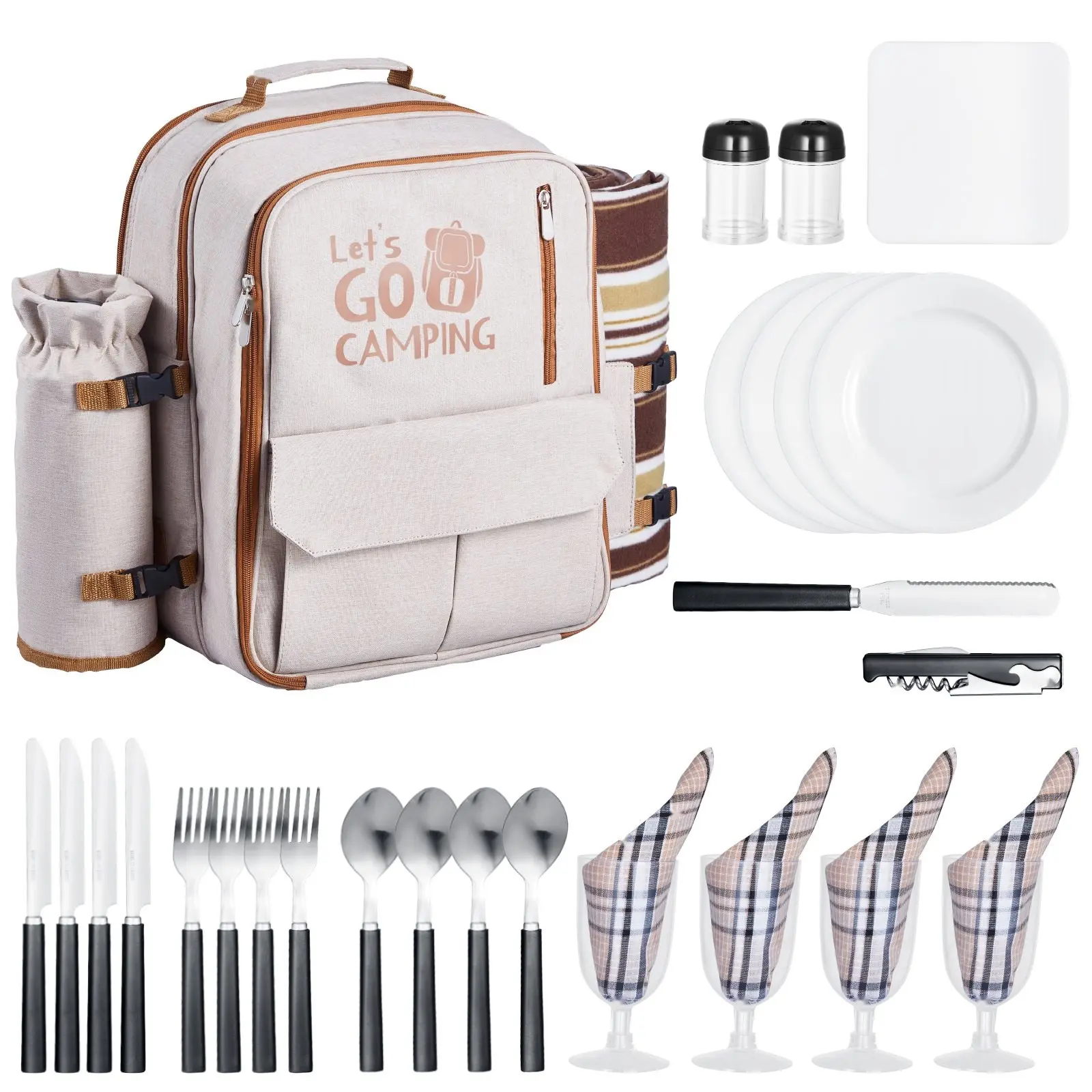 Beach Picnic Backpack For Four People With Insulated Cooler Compartment And Built-In Blanket, Front Organizer, Adjustable Padded Straps, Waterproof Outer Shell, Leakproof Food Storage Pockets, Ideal For Outdoor Family Day Trips