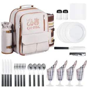 Beach Picnic Backpack For Four People With Insulated Cooler Compartment And Built-In Blanket, Front Organizer, Adjustable Padded Straps, Waterproof Outer Shell, Leakproof Food Storage Pockets, Ideal For Outdoor Family Day Trips