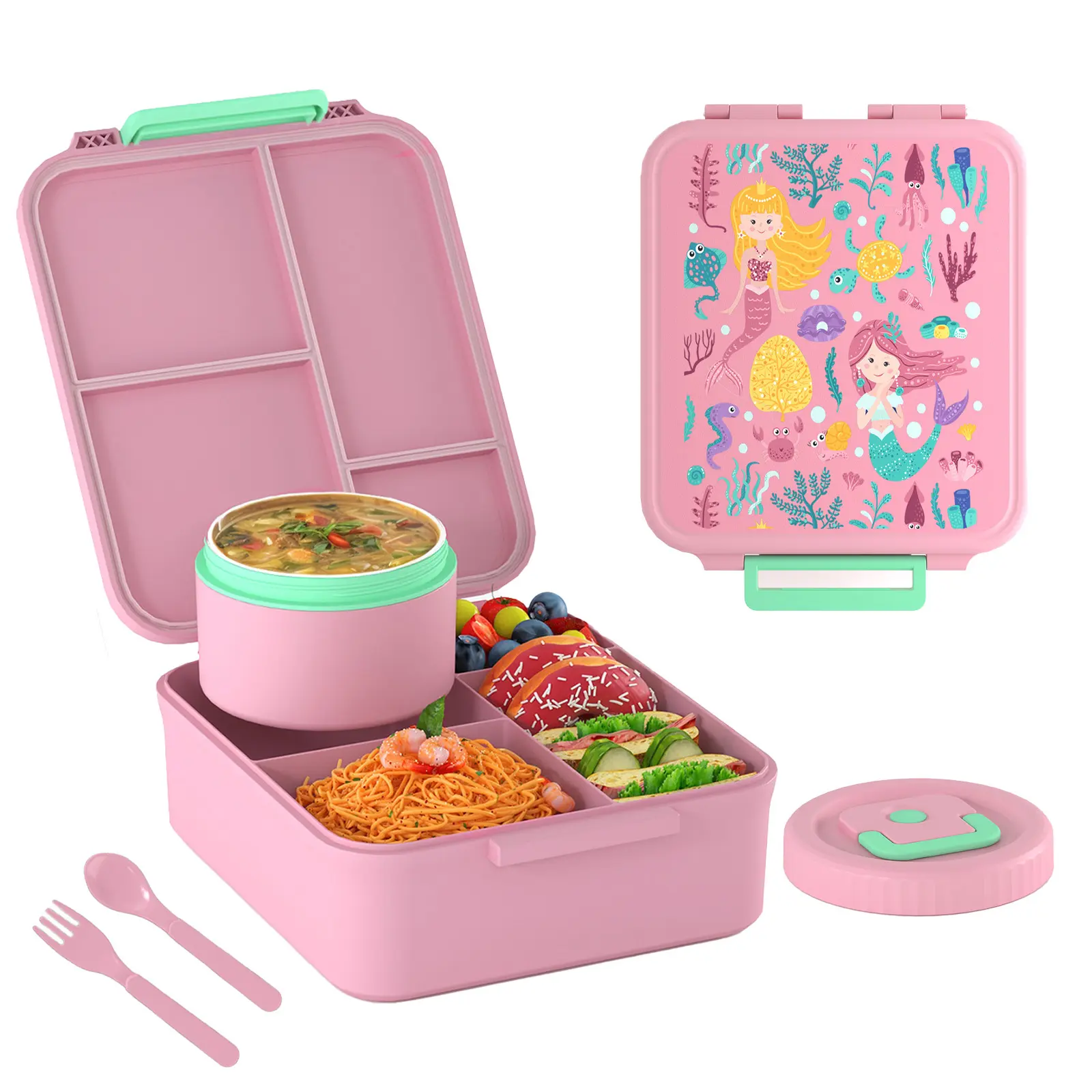 Bento Lunch Box with 8oz Soup Thermo, Lunch Food Containers with 4 Compartment, Insulated Hot Food Jar for School Travel, Outdoor Tableware Set, Gift, Kitchen Accessories