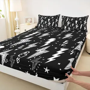 Lightning Fitted Sheet Hand Drawn Doodle Lightning Bolt Bedding Set Thunderbolts Sheet Set Microfiber Bed Sheet Set (Fitted Sheet + Pillow Case )