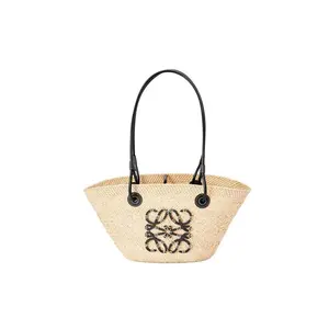 LOEWE Anagram Basket Tote Bag in Black with Palm Fiber and Leather Weave for Women