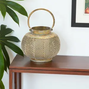 360 stand 6 in. Decorative Rustic Bronze & Green Distressed Lattice Metal Tabletop Candle Holder Lantern, Home Decor Accessory, Ideal Gift & Centerpiece Ornament, Decoration