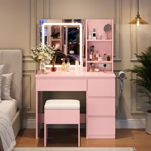 LED Vanity Desk with Mirror and Lights – Smart Makeup Table with Power Outlets, 4 Storage Drawers, Stool & Hair Dryer Holder, Modern Dressing Table for Bedroom