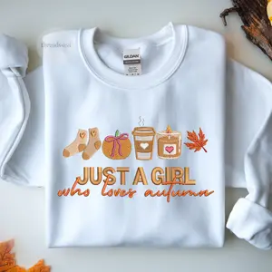 Just a Girl Who Loves Autumn Embroidered Sweatshirt or Hoodie – Cozy Fall Aesthetic Crewneck, Cute Autumn Leaves & Pumpkin, Comfy Oversized Pullover, Autumn Girl Gift, Seasonal Coffee Weather Top