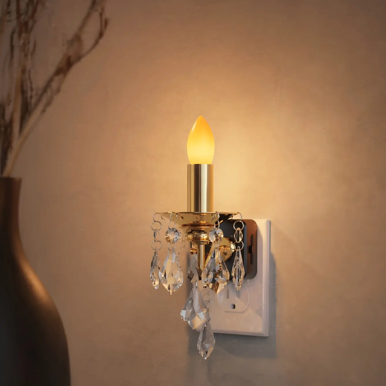 【Limited Deal】Candle Style Decorative Plug-In Night Light with Dusk-to-Dawn Sensor & Adjustable Brightness Ambient Lamp for Living Room, Bathroom, Hallway