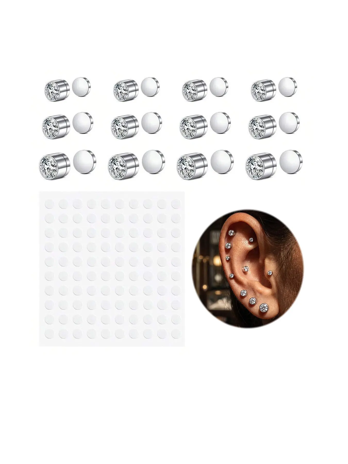 6 Pairs Stainless Steel Faux Crystal CZ Clip On Earrings, Hypoallergenic 3-5mm Magnetic Nose Stud, Suitable For Women And Men Diamond Earrings, Includes Pain Relief Stickers, Birthday Anniversary