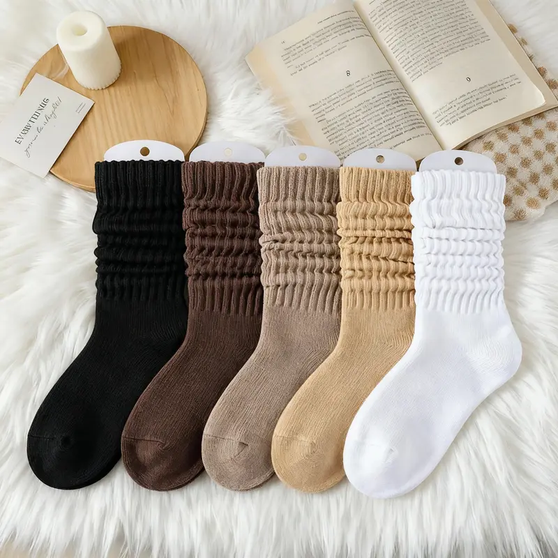 Women's Basic Solid Color Jersey Crew Socks, 5-Pair Pack with Spandex - Soft, Breathable, Warm for Fall Winter Everyday Daily Wear, Minimalist Mid-Calf Bulk Socks, Everyday Wear