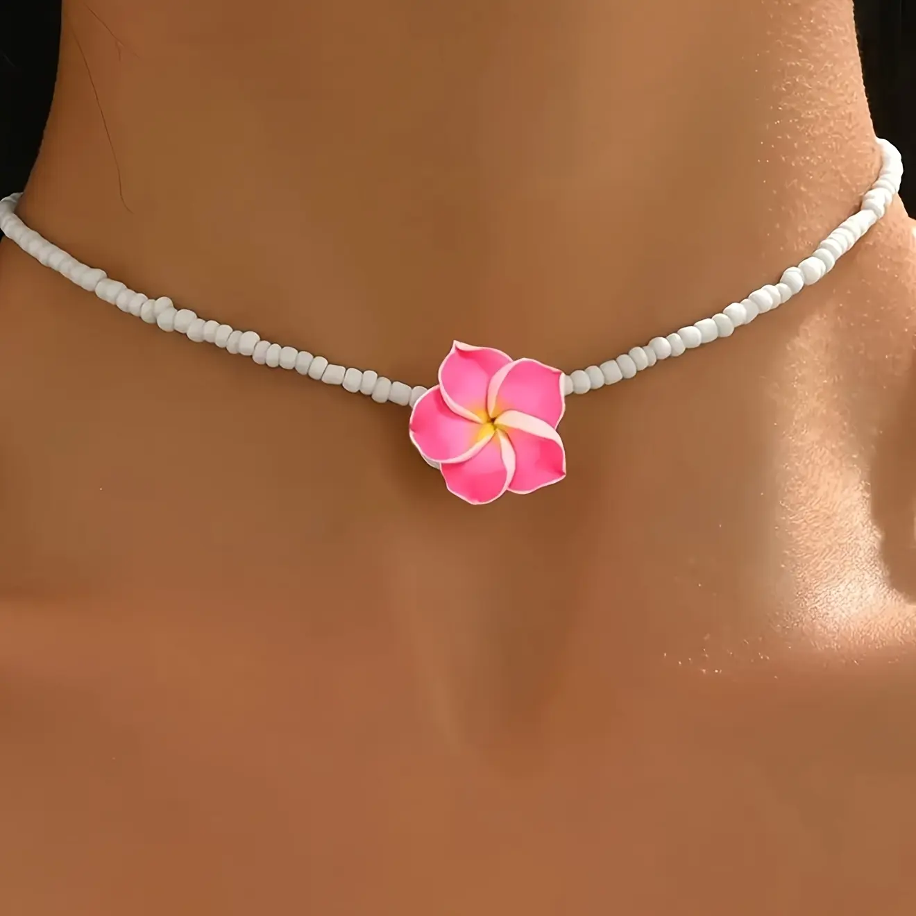 Women's Boho Cute Soft Ceramic Egg Flower Woven Beaded Necklace - 1 High-Quality Fashion Costume Jewelry for Summer Vacation, Beach Tourism & Daily Wear gift