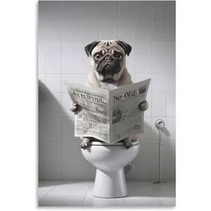 Funny Bathroom Wall Art Pug Dog Reading Newspaper on Toilet - Whimsical Animal Bathroom Decor And Humorous Wall Pictures for Bathroom Walls 12x18inch(30x45cm) - Wall Art Canvas Painting Artistic Poster Decoration Photo Ornaments Print Frame-.
