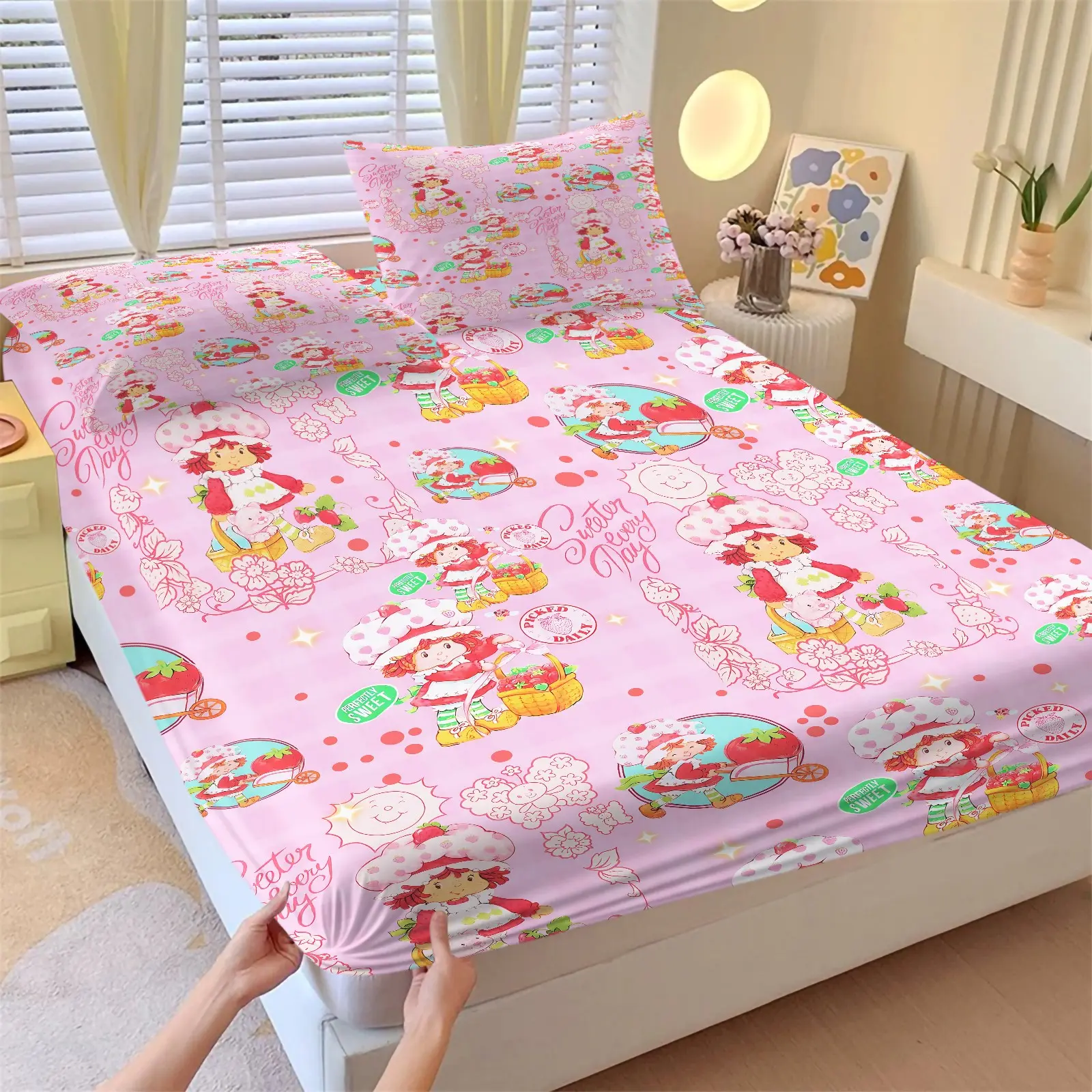 Strawberry Shortcake Gingham Fitted Sheet Set, 1 Fitted Sheet + 2 Pillowcases - 3 Pcs Soft Bedding with Deep Pocket, 360° Full Coverage, Wrinkle Free, Cute Strawberry Cartoon Bed Sheets for Girls, Full Size, Comfy Bedding Set