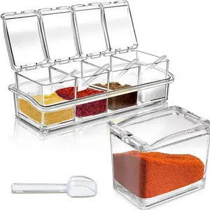 Seasoning Storage Container, 1 Set Clear Acrylic 4 Compartment Seasoning Box Set with Spoon, Kitchen Storage and Organization, Kitchen Gadgets