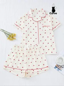 Women's Plus Size Cute Cherry Pajama Set, Short Sleeve Lapel Top & Bow Shorts, Casual Home Wear, Comfortable Woven Fabric, Loungewear