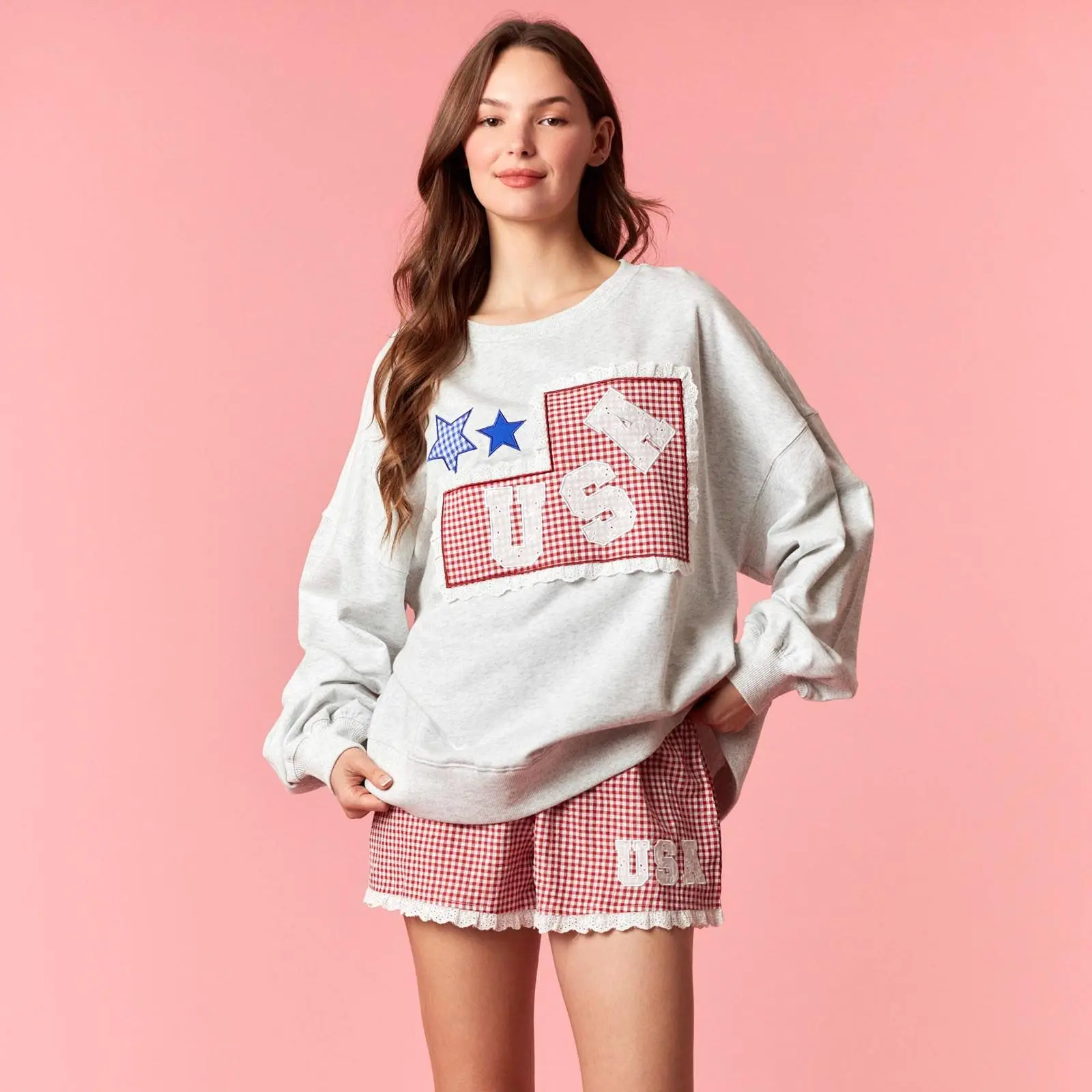 Gingham Check Flag Patches With Eyelet Lace 'USA' Patches on Top Detailed Sweatshirt Fabric Long Sleeve