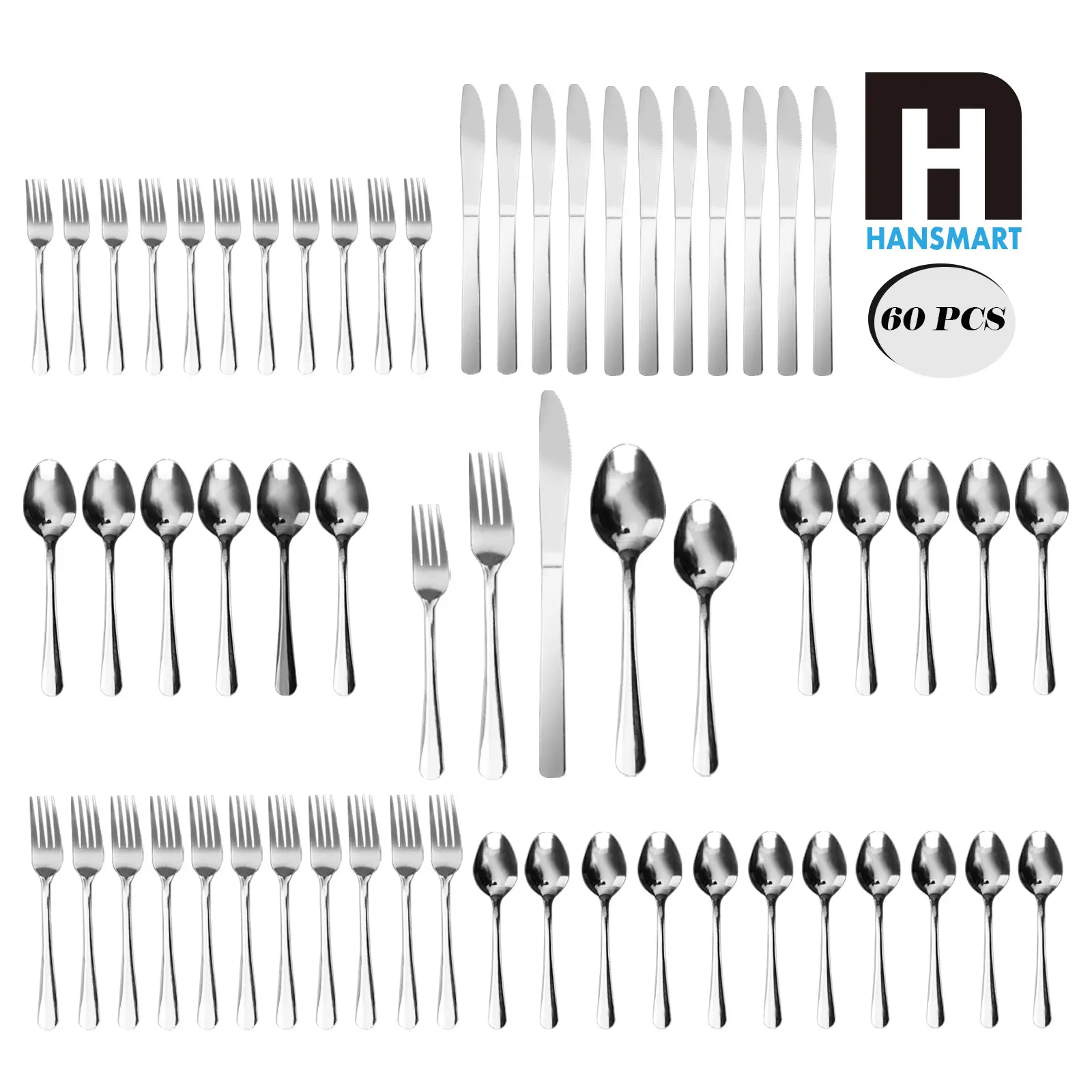 60-Piece Windsor Style Stainless Steel Cutlery Set Service for 12, Smooth Plain Polished Handle Silverware, Dishwasher Safe Tableware for Home Party Restaurant Catering