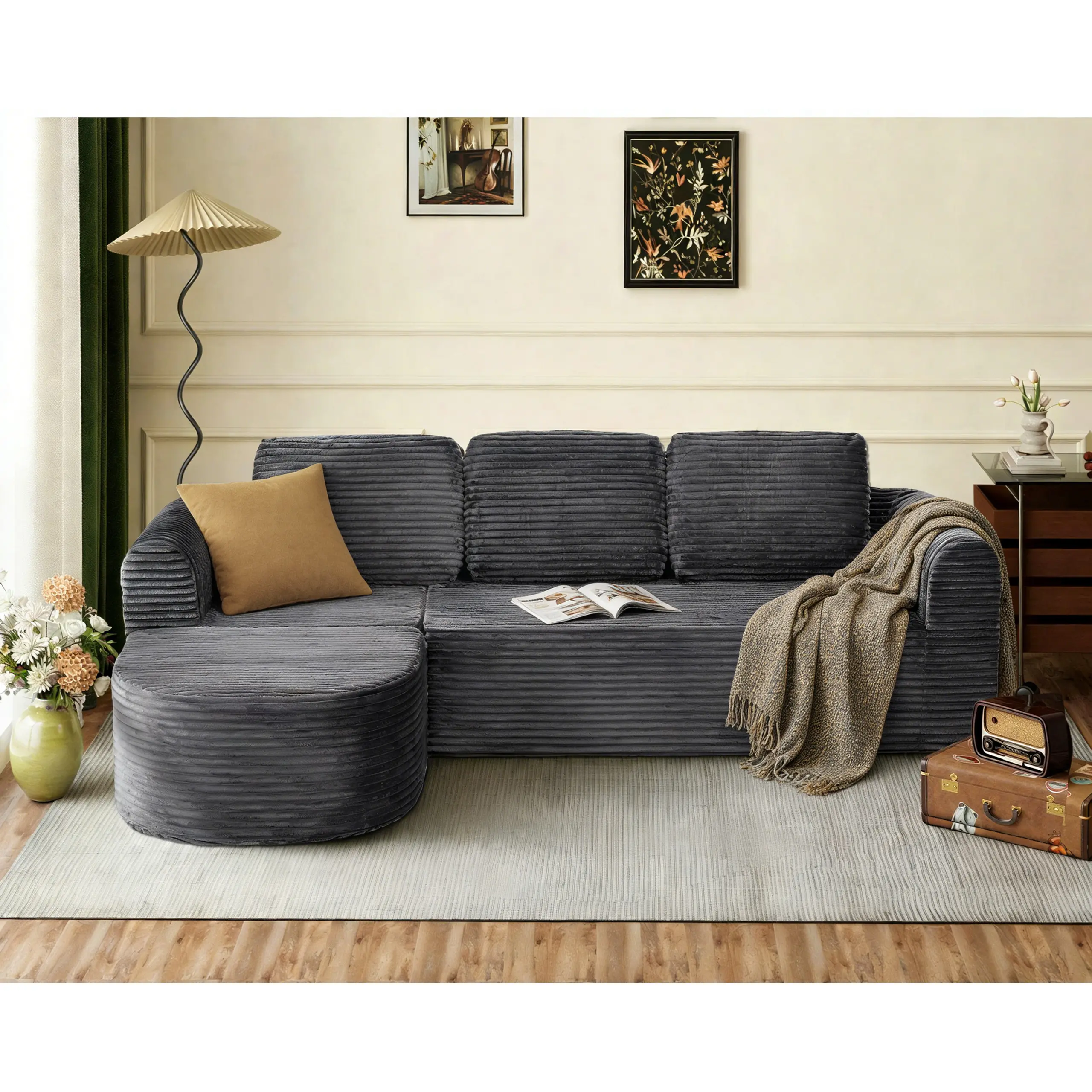 Jonpony 108” Modular Sectional Sofa, Boneless Couches for Living Room, Deep Seat L-Shape Cloud Couch with Chaise, Comfy Sofa Freely Change Configurations No Assembly Required, Soft Plush Corduroy Fabric