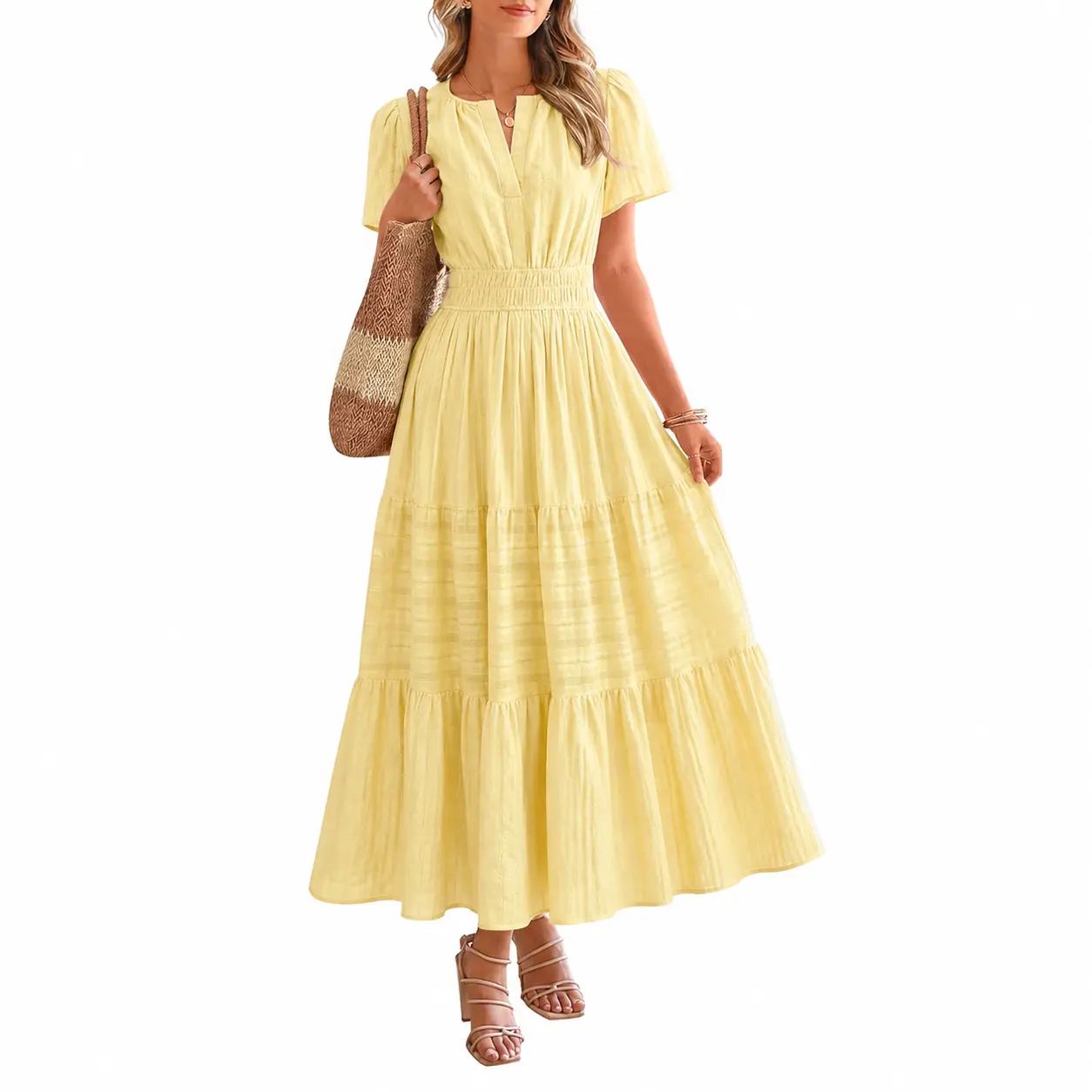 Women’s 100% Cotton Summer Maxi Dress Short Sleeve V Neck Smocked Waist Tiered Flowy Casual Beach Vacation Dress