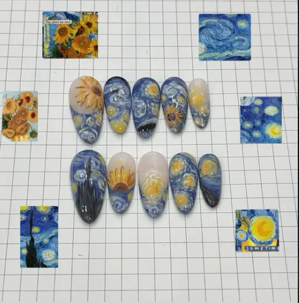 Van Gogh–inspired nails blending *Starry Night* and *Sunflowers* — swirling blue skies, golden sunbursts, and textured brushstroke effects capturing the artist’s dreamy impressionist aesthetic