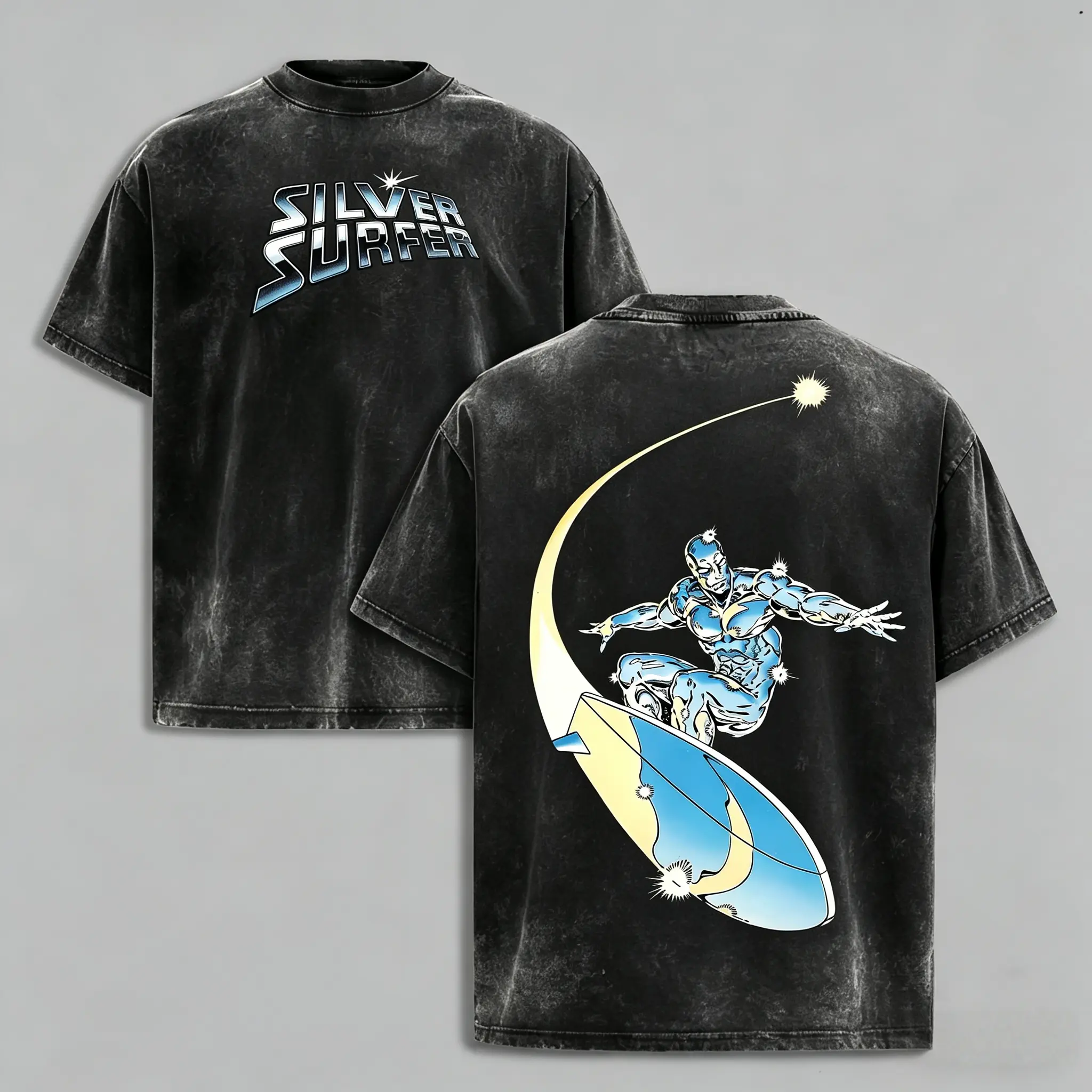 Menswear Retro Washed Black Oversized Short-Sleeve Round Neck T-Shirt - Cosmic Surfing Superhero Graphic Print Casual Streetwear Top, Ideal Father’s Day Gift for Daily Outdoor Wear, Shortsleeve