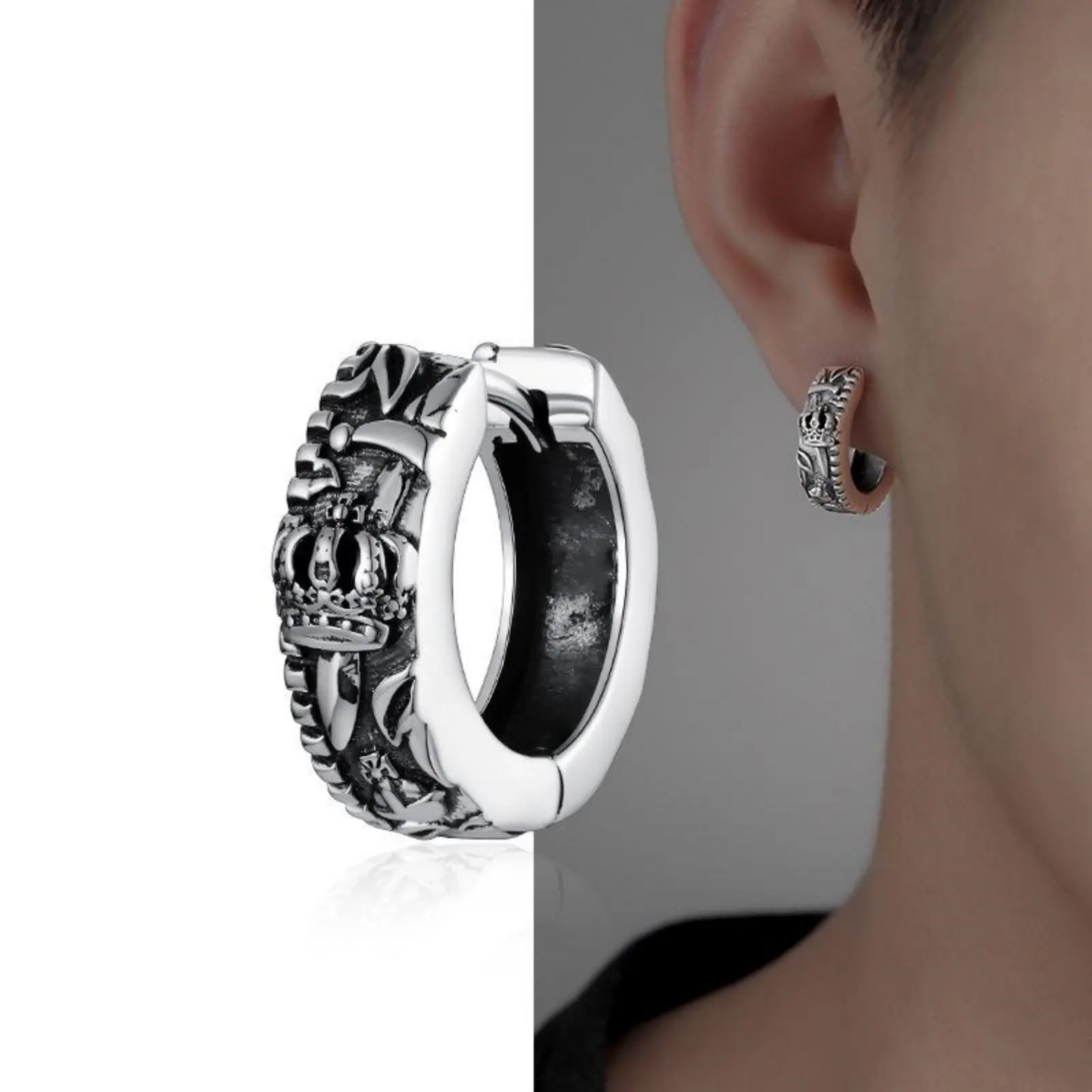 Designed crown pattern black thick earrings niche design earrings hypoallergenic boys earrings