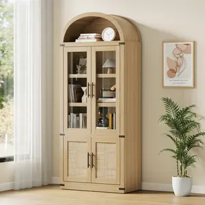 OP-72" Arched Cabinet Pantry, Farmhouse Storage Hutch with Doors, 5-Tier Bookcase for Dining Room