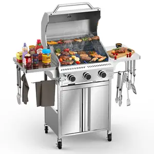 3-Burner Gas Grill with Folding Side Tables,Stainless Steel 24,000 BTU BBQ Grill,Outdoor Propane Grill for Barbecue,Patio,Camping