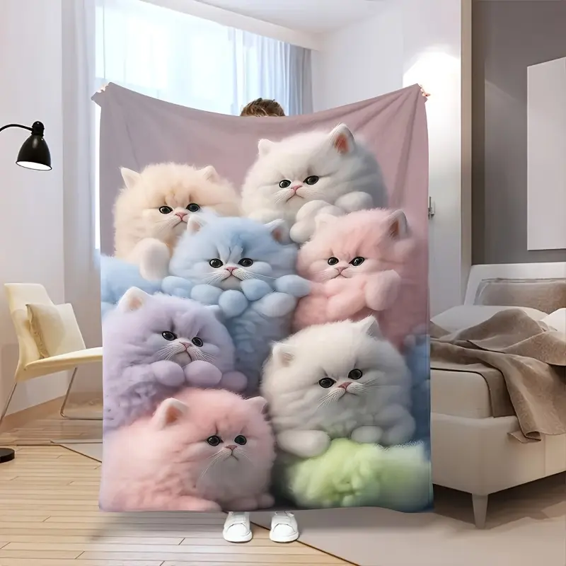 Kawaii Pastel Fluffy Kittens Throw Blanket, Soft Flannel Colorful Rainbow Cute Cats Cozy Blanket For Bedroom Sofa, Aesthetic Decor Blanket Gift For Teen Girls Cat Lovers