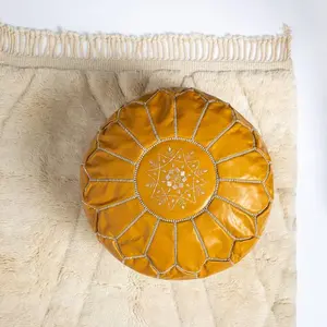 Handmade Moroccan Mustard Yellow Leather Pouf Embroidered with Stitching - 100% high-quality Goat Leather