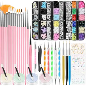Nail Art Kit with Brushes Dotting Tool Chrome Powder Stickers Rhinestones Charms Gems for Beginners Nail Art Kit with Brushes Dotting Tool Chrome Powder Stickers Rhinestones Charms Gems for Beginners