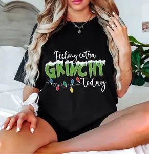 Seuss Inspired Christmas Design With "Feeling Grinchy Today" & Heart Print, Comfortable Medium Stretch Crew Neck Short Sleeve Casual Top, Relaxed Fit For Casual Attir Golf Gift T-Shirt For Men And Women Novelty Graphic T Shirt funny tshirt Undershirts Tee