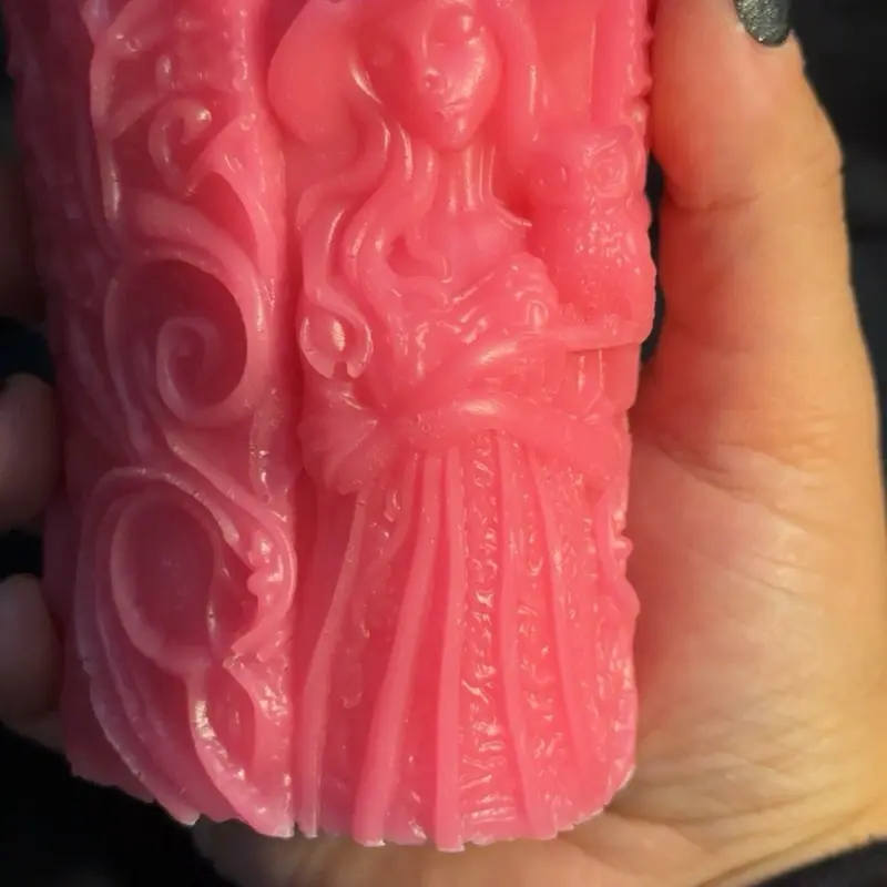 Alter/Decorative Witch and owl pillar candle (bright pink/dark pink)