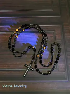 Natural Obsidian Yooperlite Rosary Necklace UV Reactive Protection Necklace Hematite Stone Cross Pendant Necklace Gift for her, gift for him