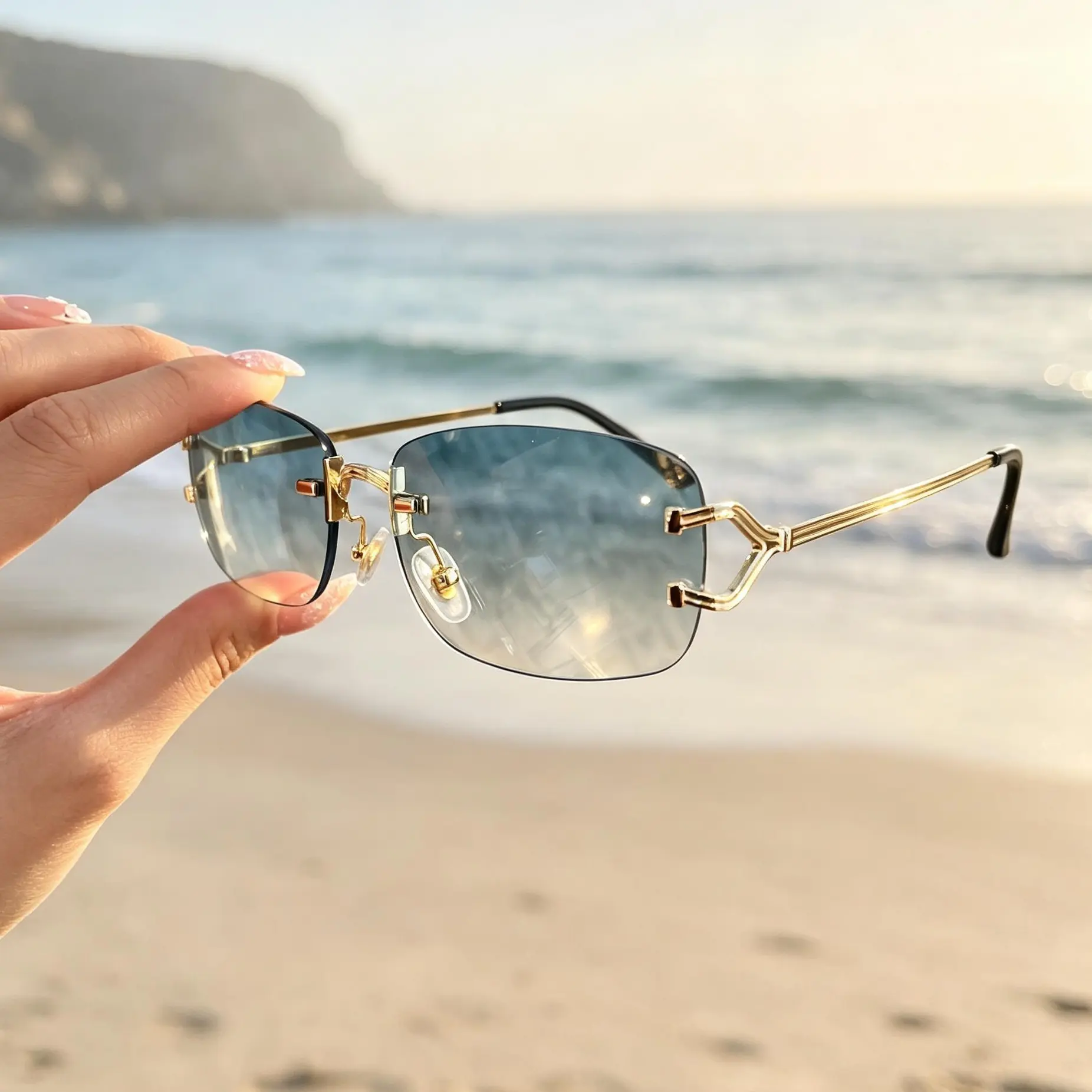 Women's Vintage Rimless Rectangular Sunglasses - Gold Metal Link Detail, Gradient Aqua UV Protection Lenses, Outdoor Photoshoot Use